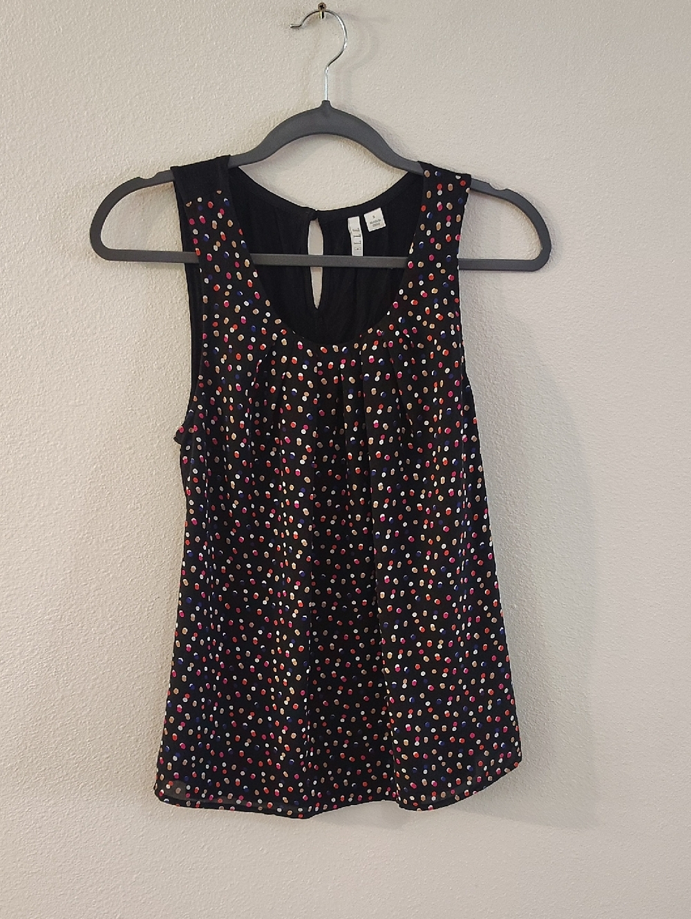 Elle‎ Womens Black Polka Dot Pleated Sleeveless Blouse Keyhole Back Top Small